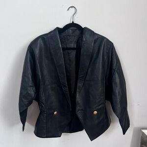 Vintage Rue Royale Paris Black Leather Jacket Peplum 80s Gold Button